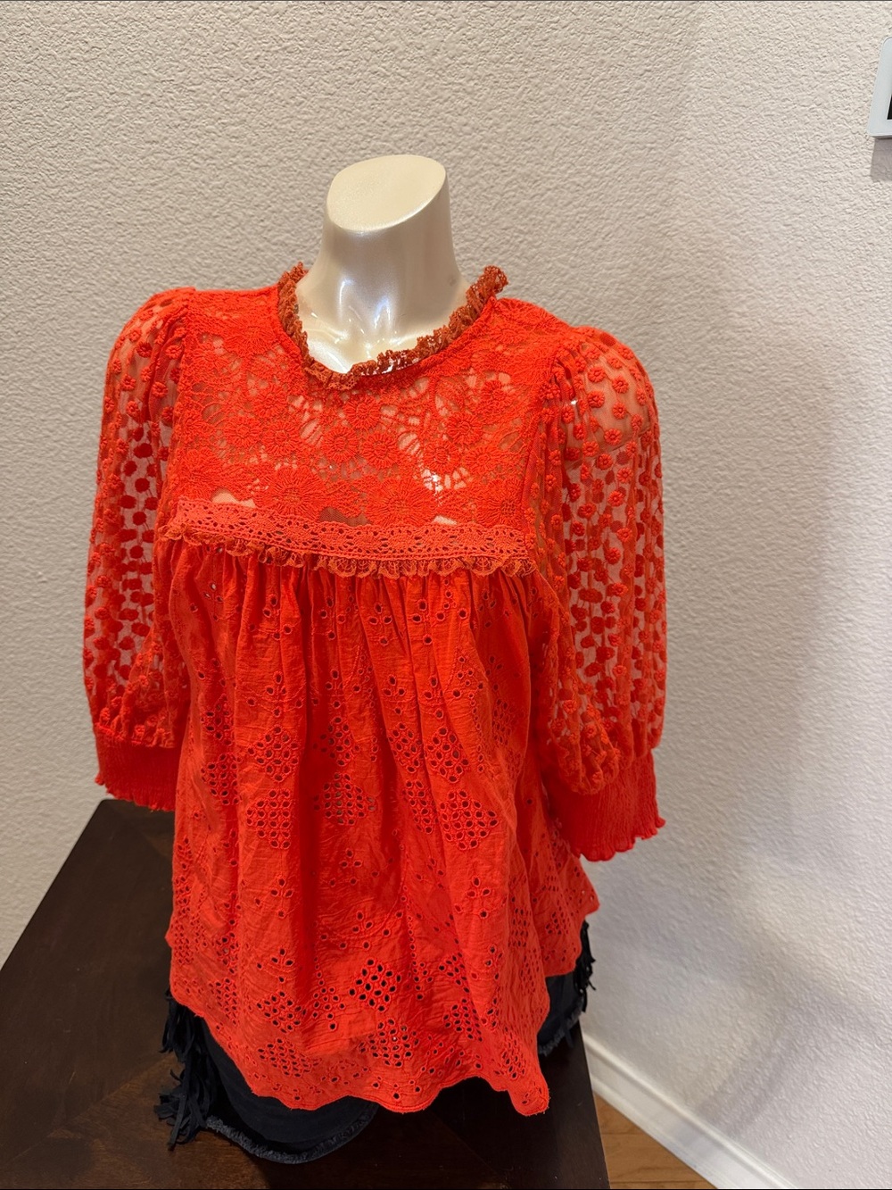 Eyelet Lace Puff-Sleeve Blouse in Bright Orange